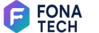 FonaTech-logotyp: en hexagon fylld med lila-till-teal-gradient, med ett vitt negativt rums-”F” och till höger ordmärket “FONA TECH” i mörkblått.